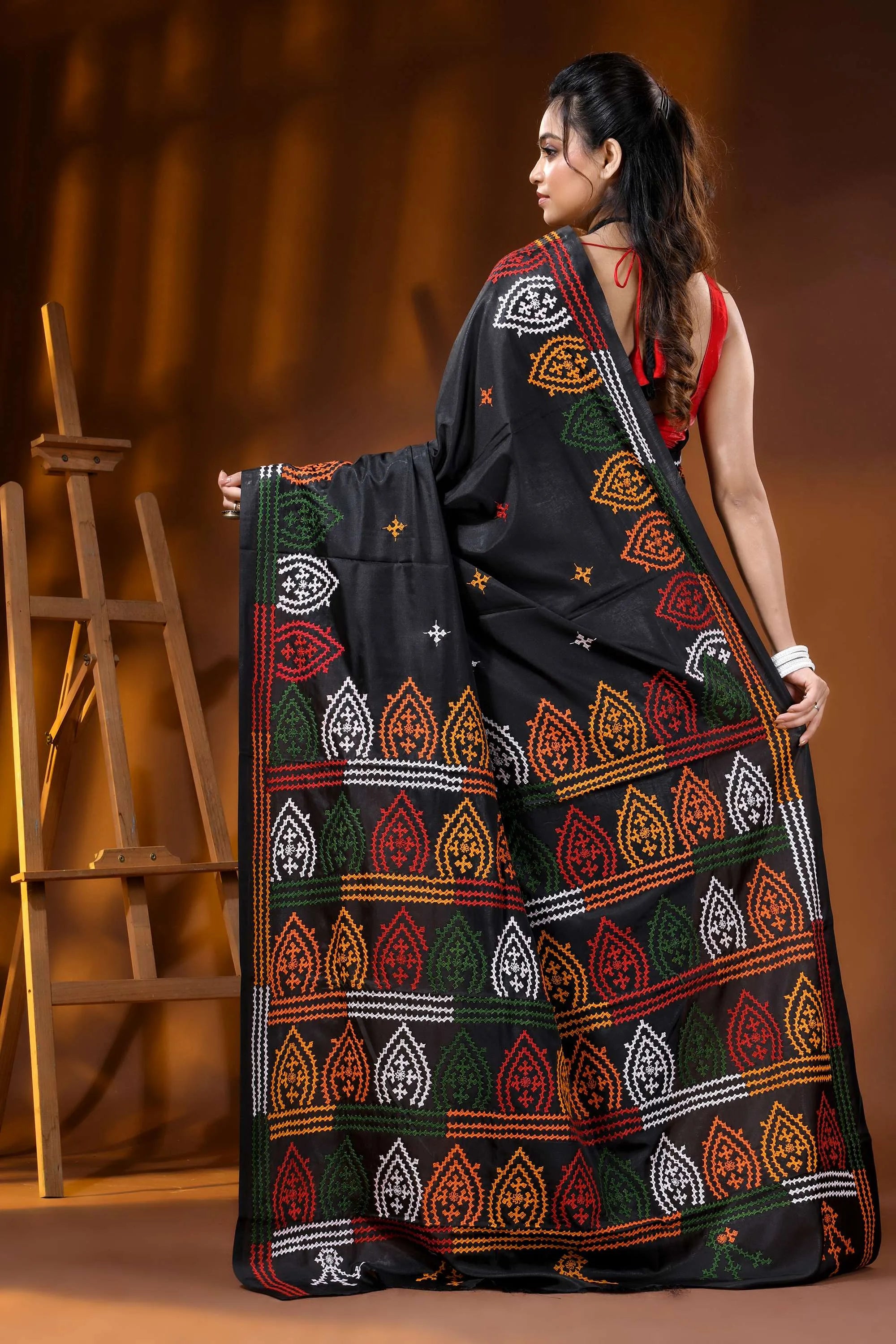 Multi-thread hand embroidered pitch black silk kutch embroidery saree 5