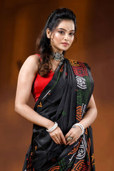 Multi-thread hand embroidered pitch black silk kutch embroidery saree 2