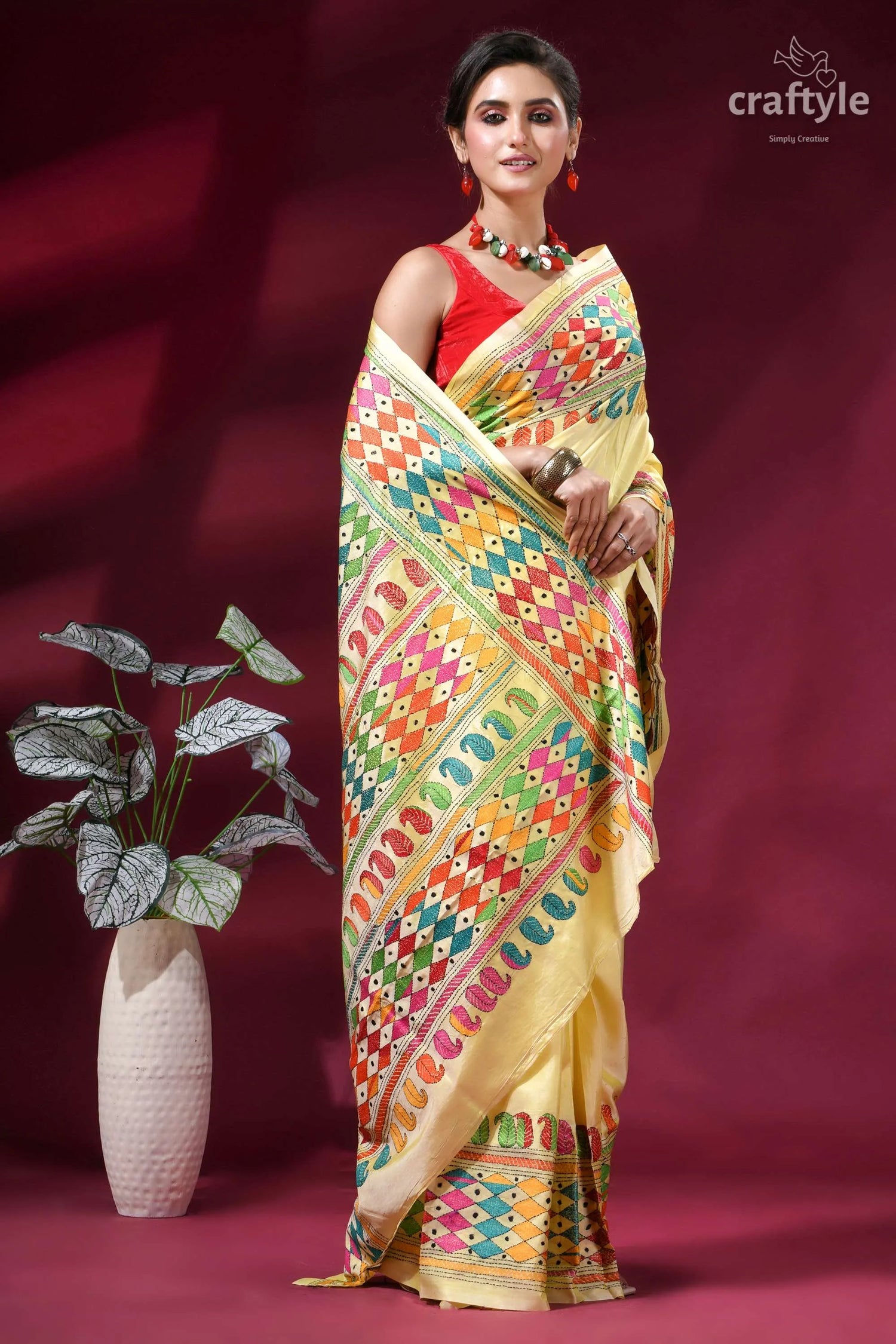 Multi-thread hand kantha embroidery silk saree - peach yellow vibrant yellow saree intricate multicolored 5