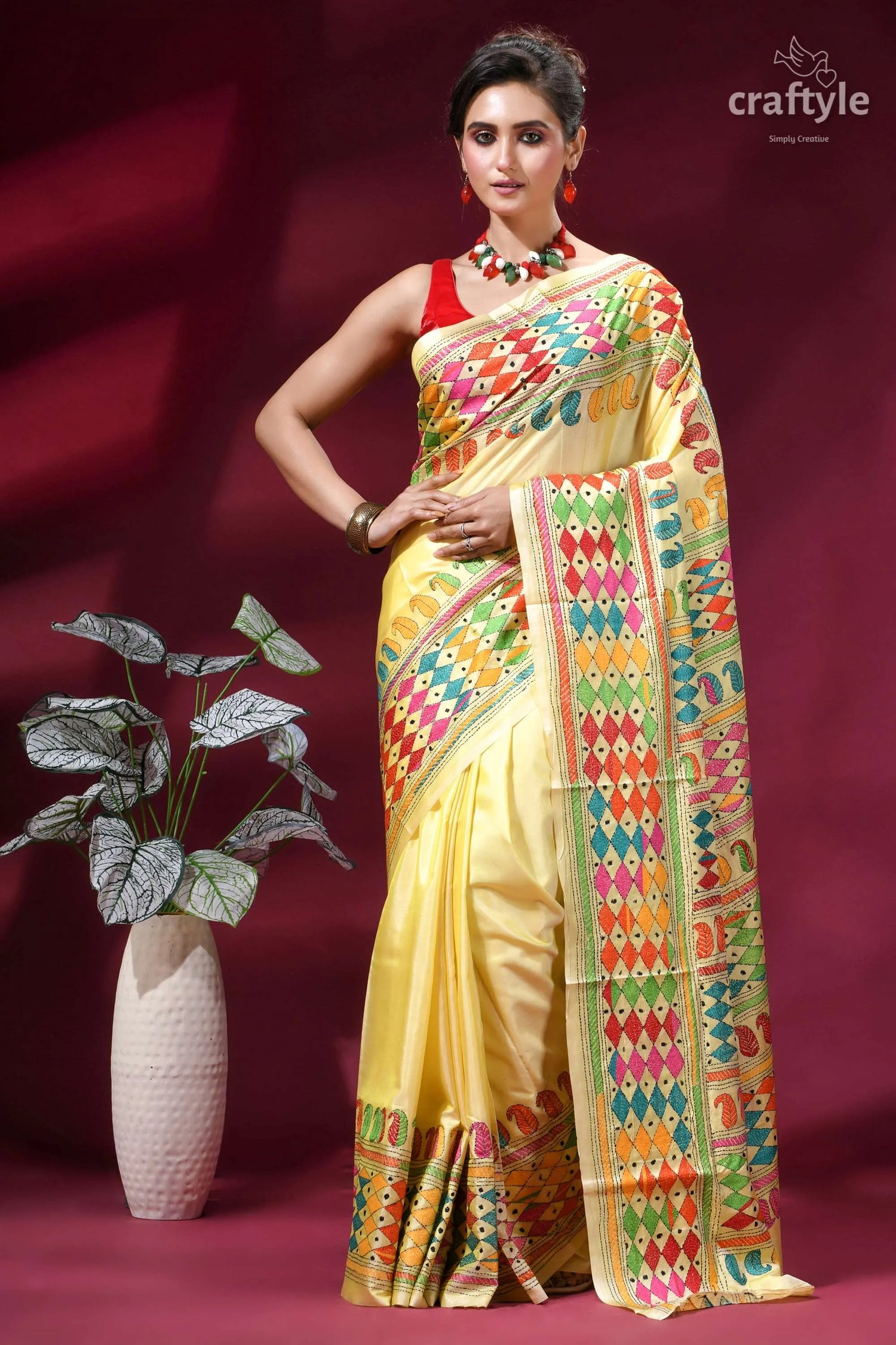 Multi-thread hand kantha embroidery silk saree - peach yellow vibrant yellow silk saree adorned 1