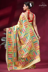Multi-thread hand kantha embroidery silk saree - peach yellow vibrant yellow silk saree intricate 4