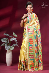 Multi-thread hand kantha embroidery silk saree - peach yellow vibrant yellow silk saree adorned 3