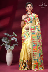 Multi-thread hand kantha embroidery silk saree - peach yellow vibrant yellow silk saree adorned 6