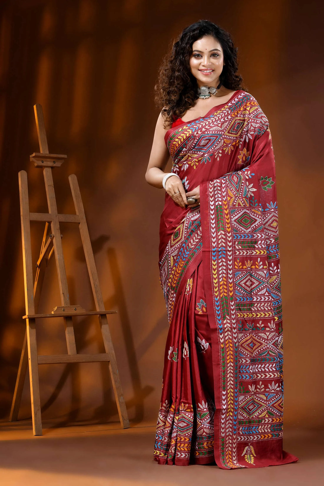 Multi-thread handcrafted ethnic pattern falu red kantha stitch silk saree 1