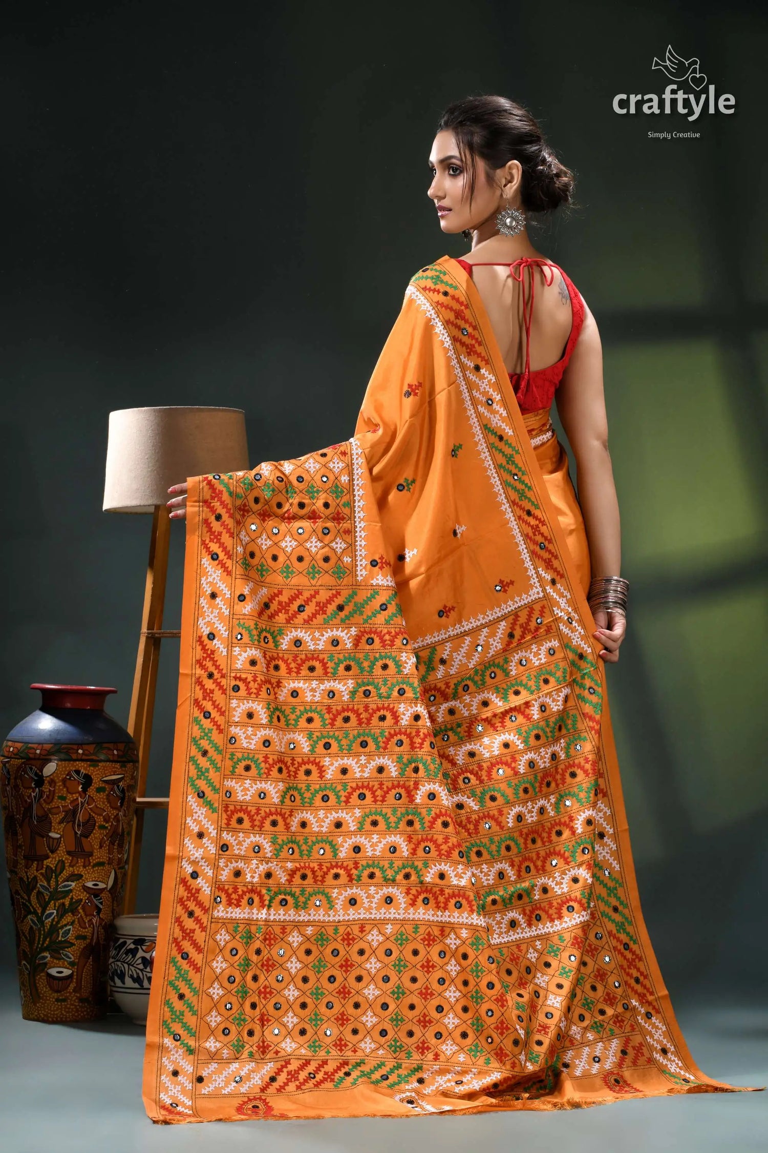 Multi-thread kutch embroidery marigold silk saree - mirror detailing orange cream saree floral pattern 5