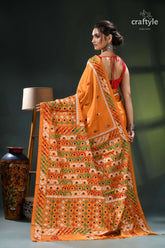 Multi-thread kutch embroidery marigold silk saree - mirror detailing orange cream saree floral pattern 5