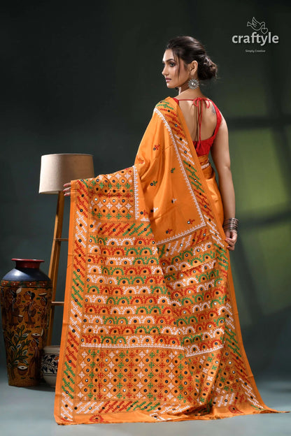 Multi-thread kutch embroidery marigold silk saree - mirror detailing orange cream saree floral pattern 5