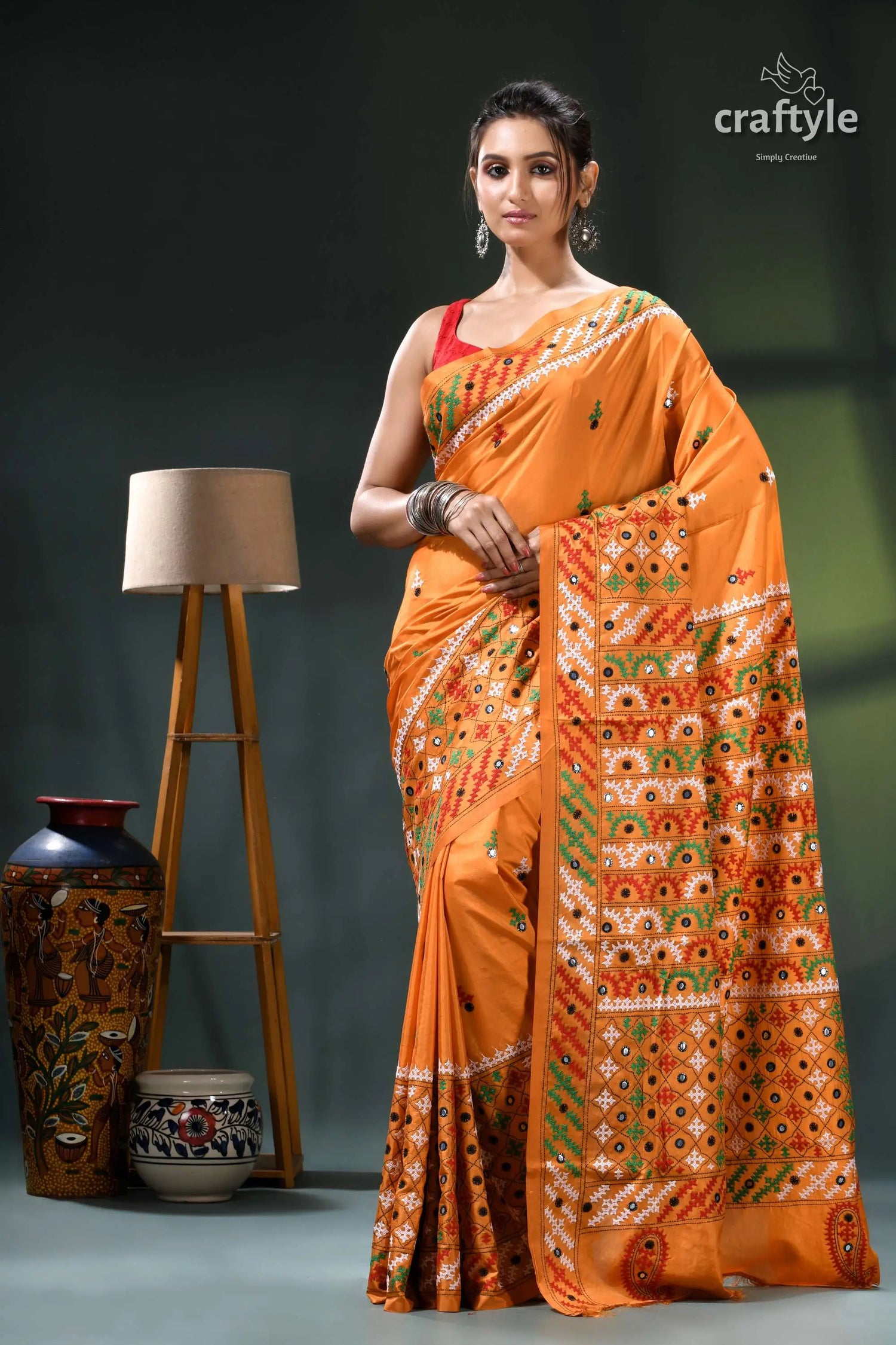 Multi-thread kutch embroidery marigold silk saree - mirror detailing orange green floral patterned saree 1