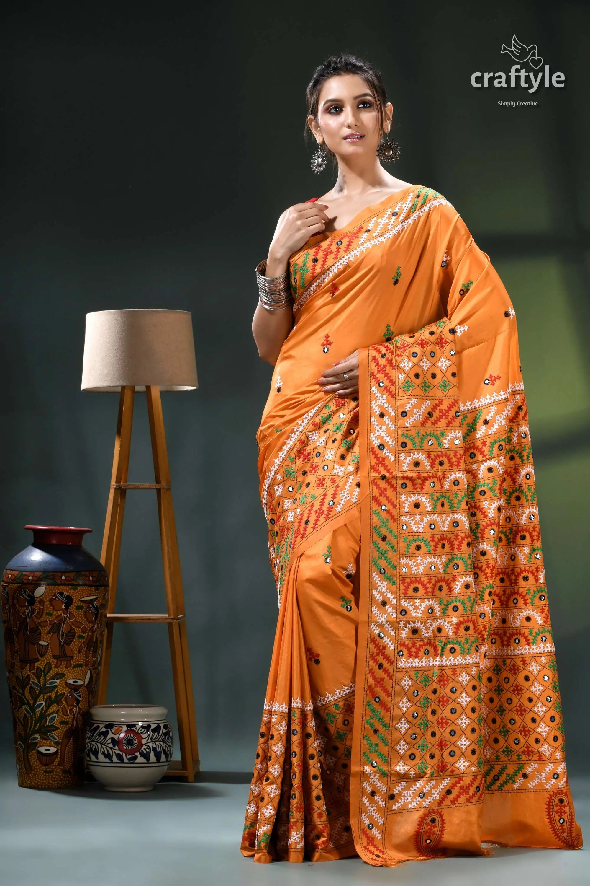 Multi-thread kutch embroidery marigold silk saree - mirror detailing orange saree intricate floral geometric 6