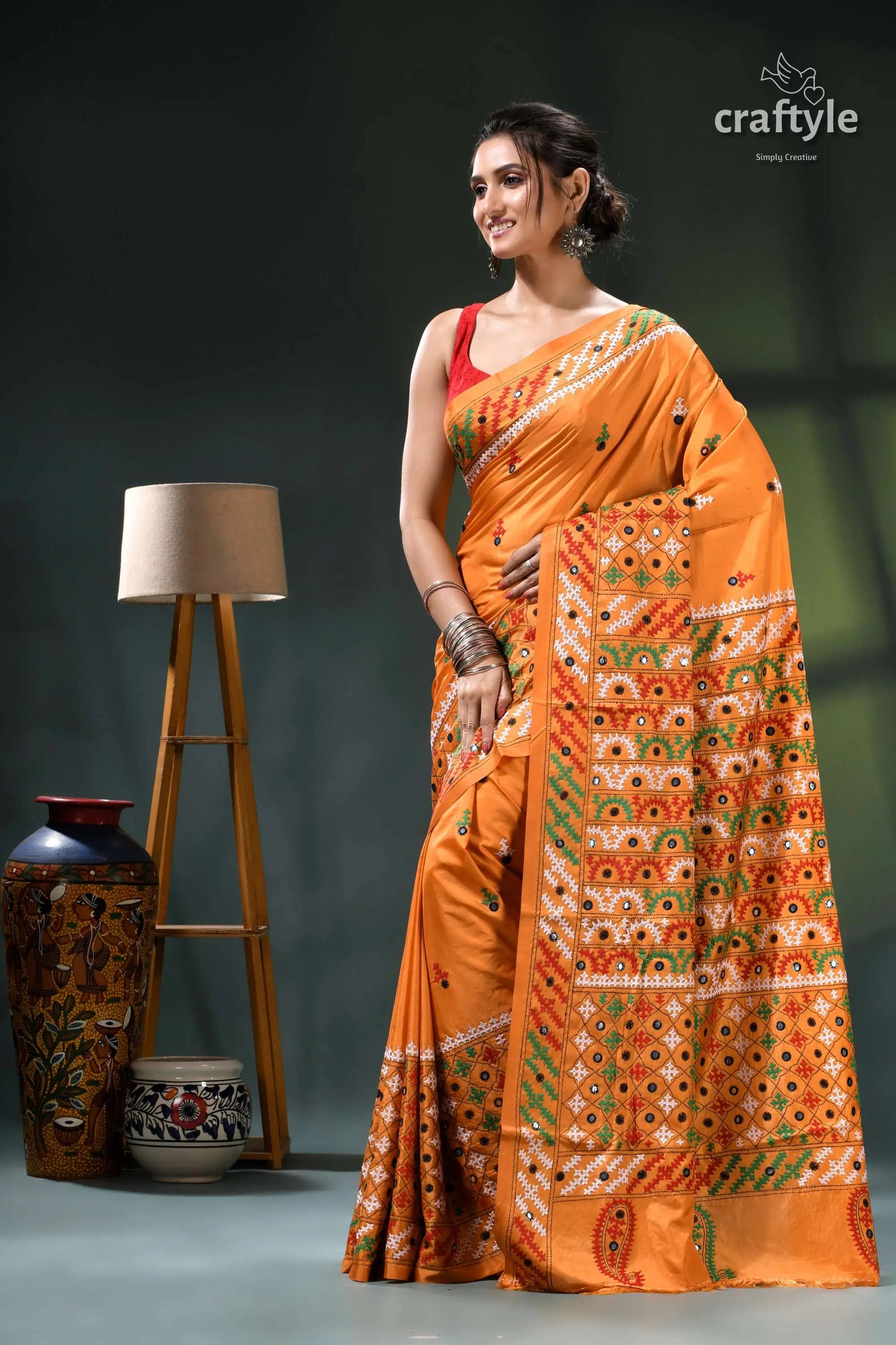 Multi-thread kutch embroidery marigold silk saree - mirror detailing orange green floral saree intricate 3
