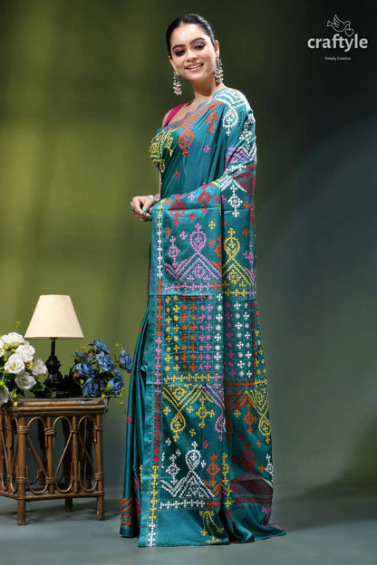 Multi-thread kutch work silk saree in dark green blue - mirror teal silk saree intricate multicolored 3