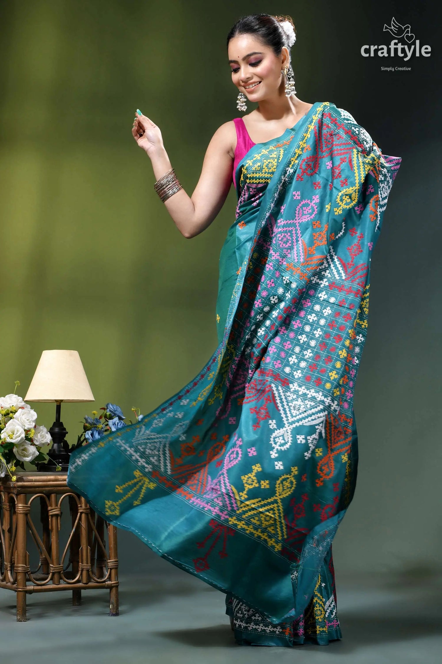 Multi-thread kutch work silk saree in dark green blue - mirror teal silk saree intricate multicolored 4