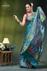 Multi-thread kutch work silk saree in dark green blue - mirror teal silk saree intricate multicolored 5