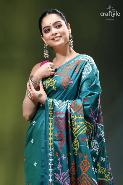 Multi-thread kutch work silk saree in dark green blue - mirror teal silk saree intricate multicolored 2