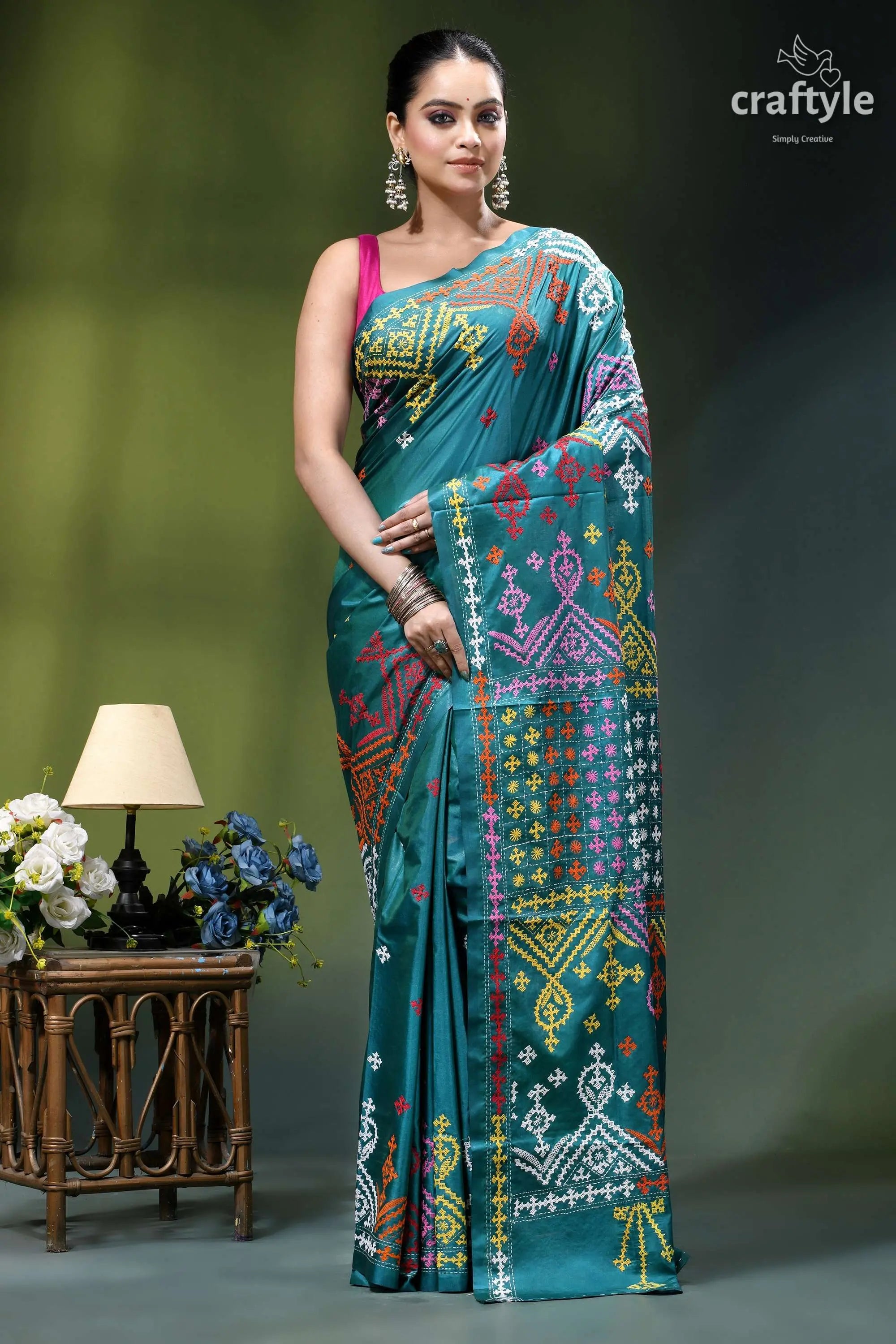 Multi-thread kutch work silk saree in dark green blue - mirror teal silk saree intricate multicolored 7