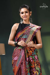 Multi-thread lata-pata design livid brown silk kantha stitch saree maroon black saree floral pattern 2