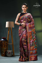 Multi-thread lata-pata design livid brown silk kantha stitch saree maroon black saree intricate batik 1