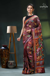 Multi-thread lata-pata design livid brown silk kantha stitch saree maroon black saree floral patterns 6