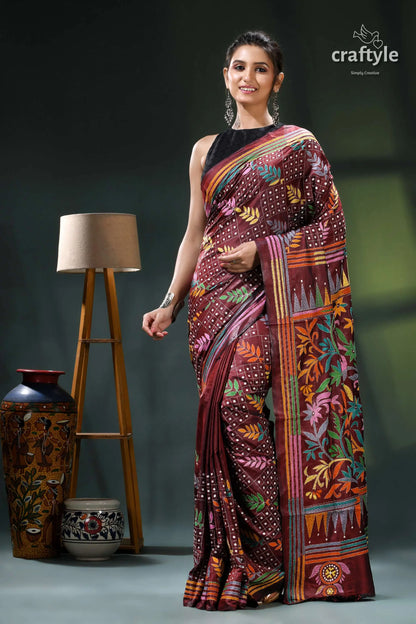 Multi-thread lata-pata design livid brown silk kantha stitch saree maroon black saree floral patterns 6