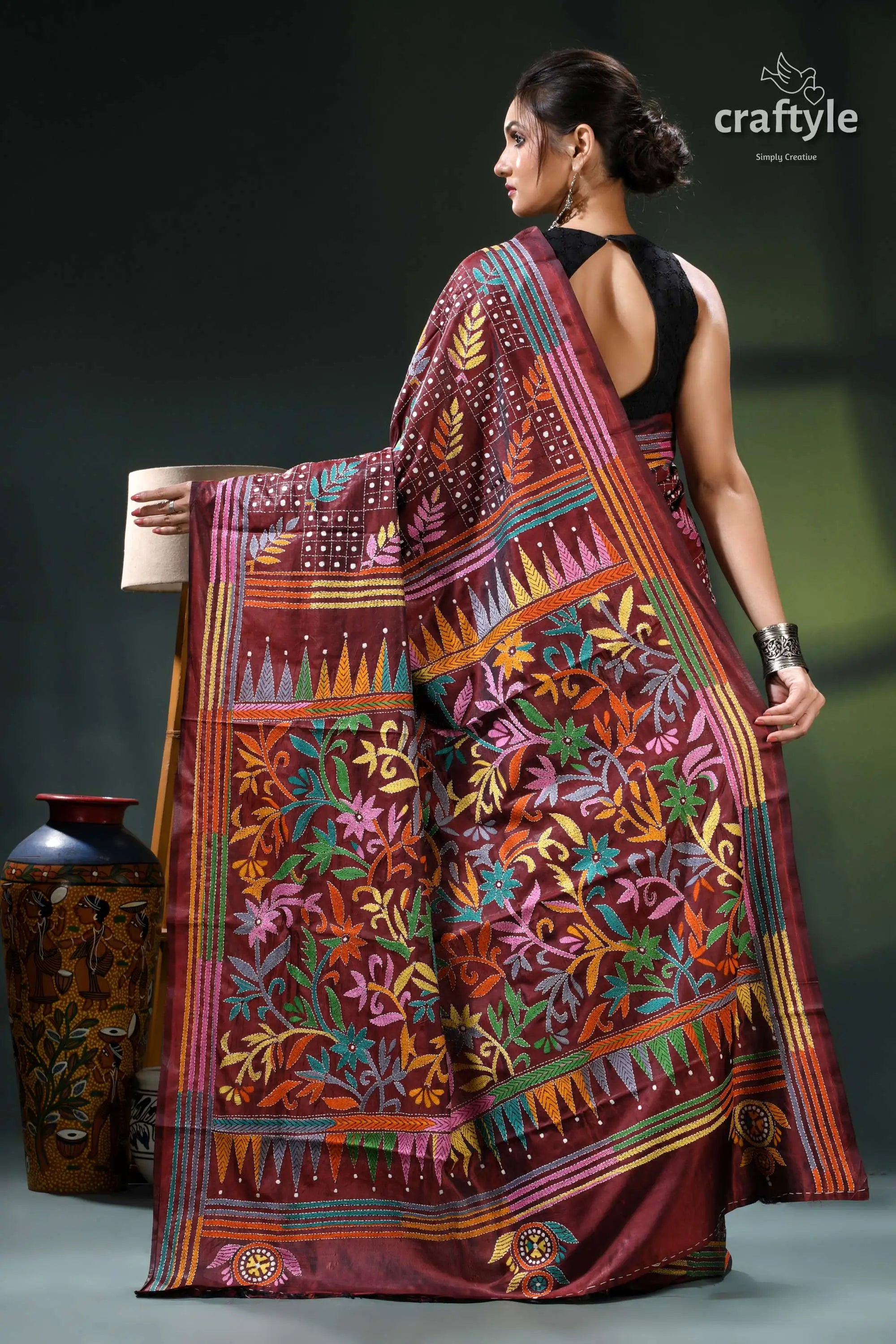 Multi-thread lata-pata design livid brown silk kantha stitch saree maroon multicolored saree intricate floral 5