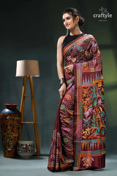 Multi-thread lata-pata design livid brown silk kantha stitch saree maroon black saree floral patterns 3