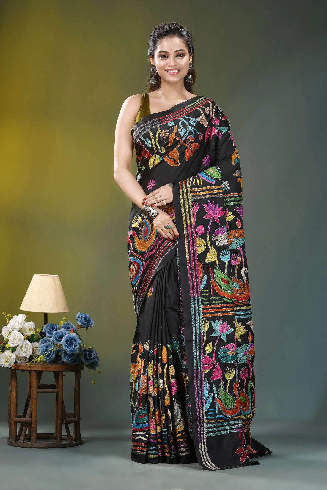 Multi-thread nature theme silk kantha work saree in black black saree adorned vibrant colorful 1