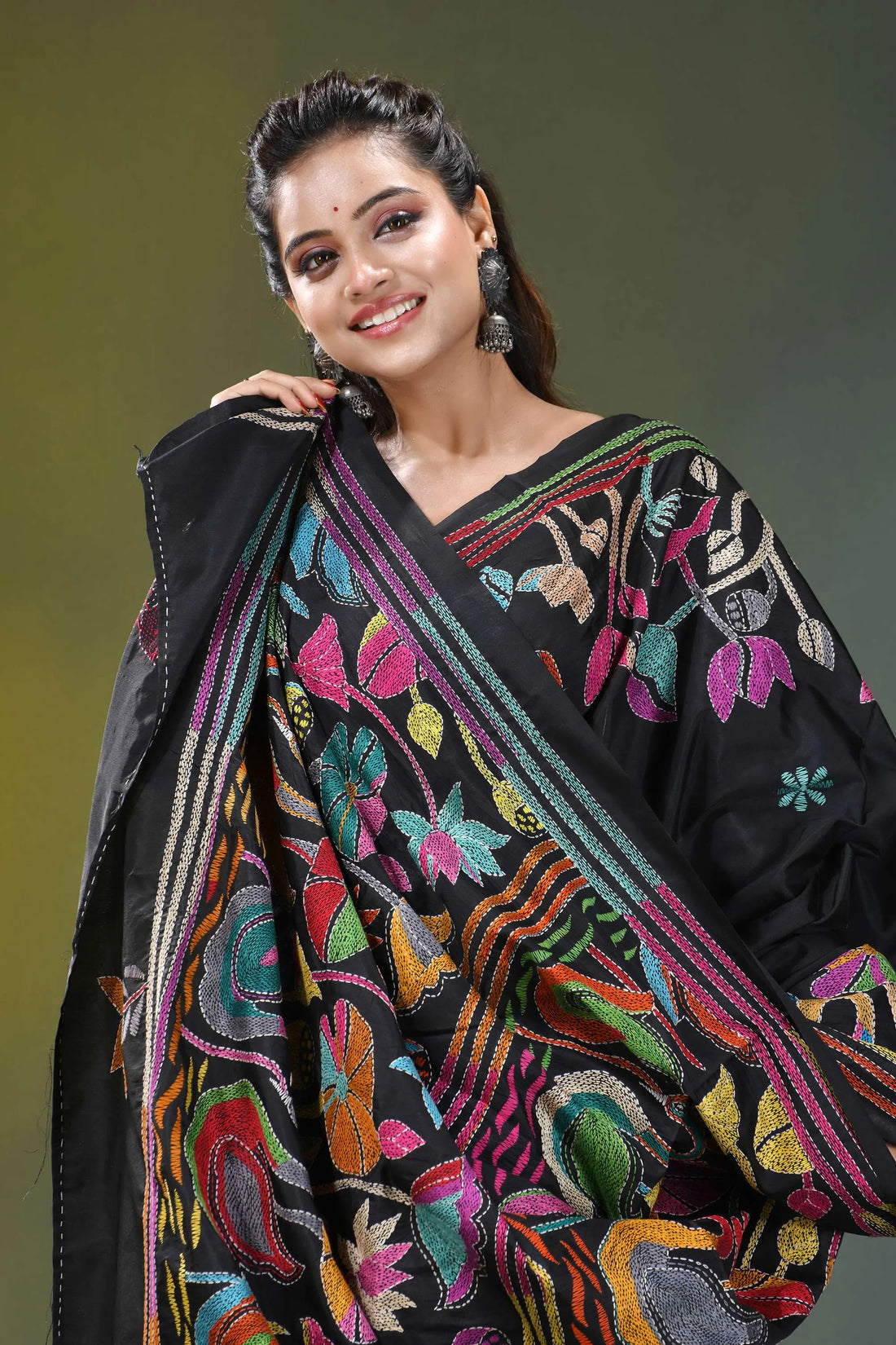 Multi-thread nature theme silk kantha work saree in black black embroidered saree vibrant multicolored 2
