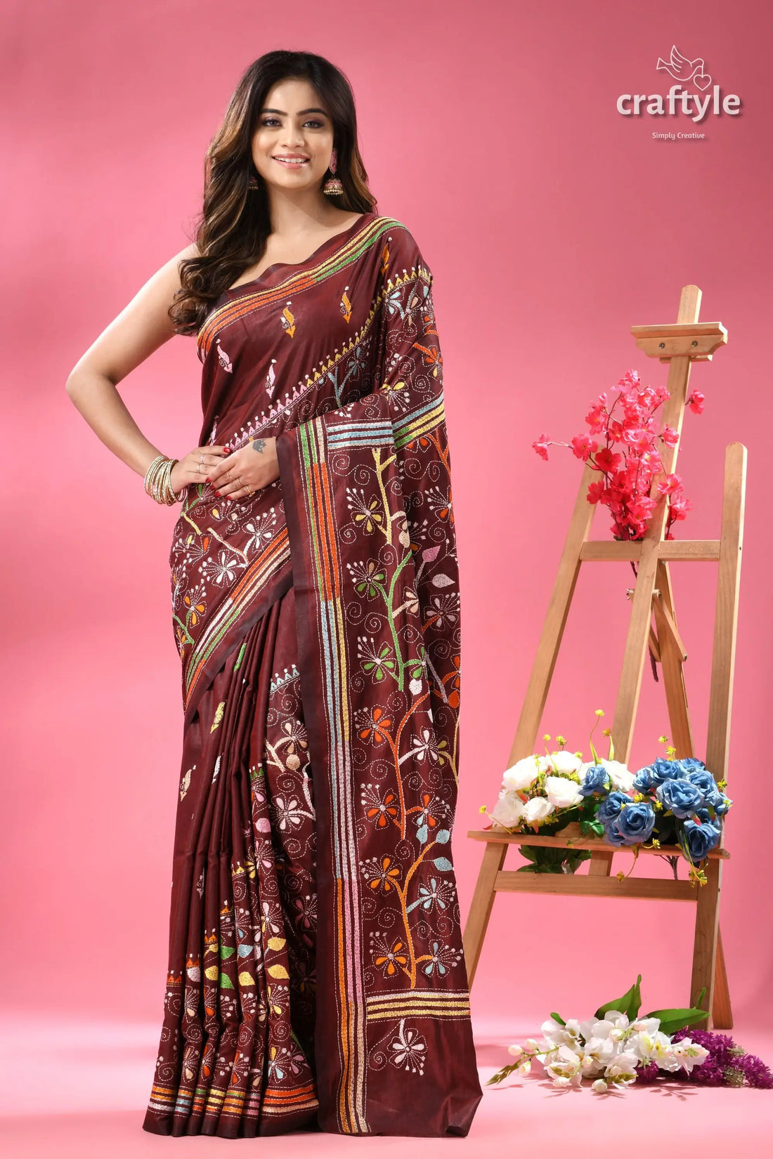 Multi thread silk kantha saree in roast coffee color maroon colored saree intricate floral geometric 1