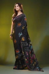 Multi-thread swan motif ebony black silk kantha work saree 6