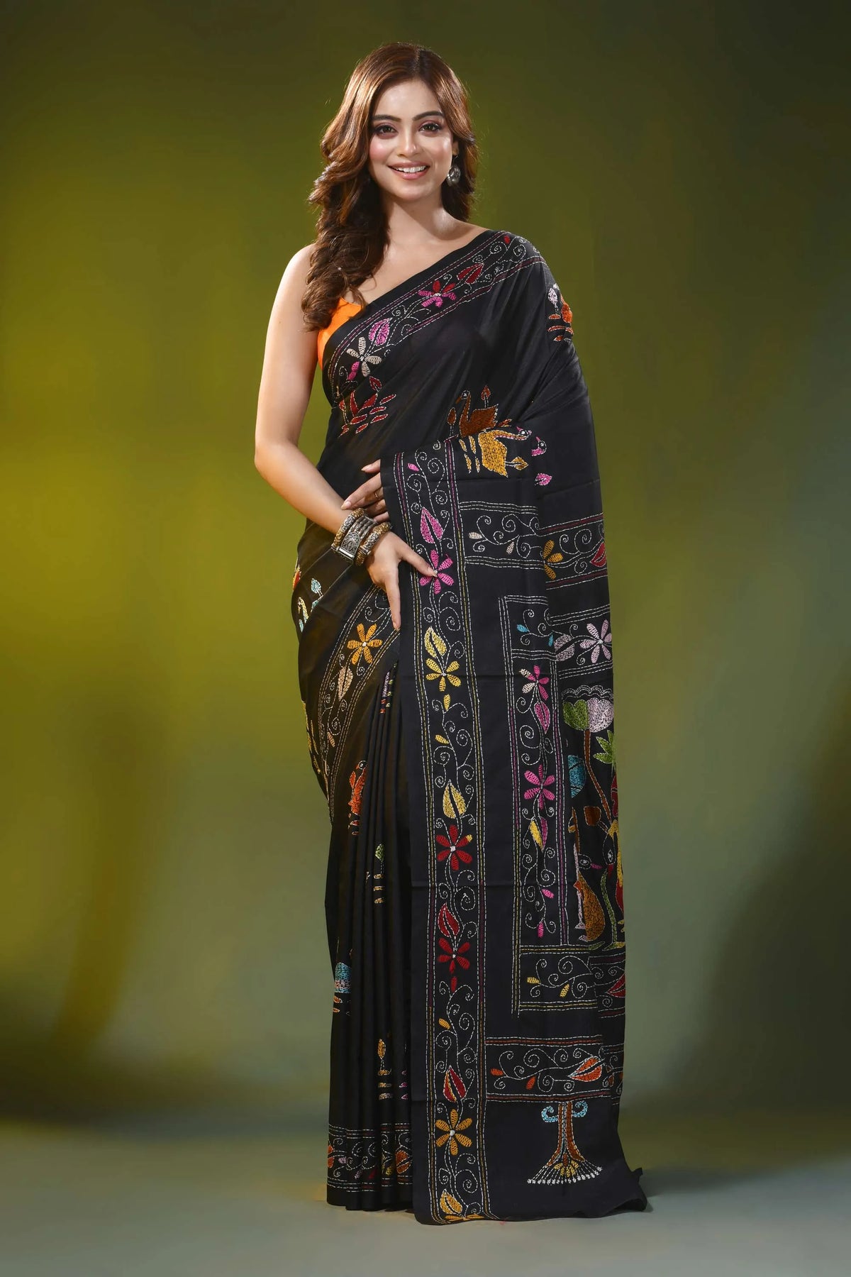 Multi-thread swan motif ebony black silk kantha work saree 1
