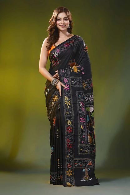 Multi-thread swan motif ebony black silk kantha work saree 1