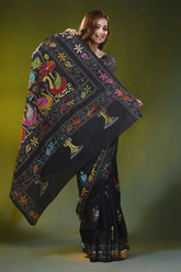 Multi-thread swan motif ebony black silk kantha work saree 4