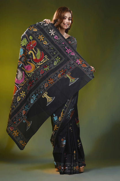Multi-thread swan motif ebony black silk kantha work saree 4