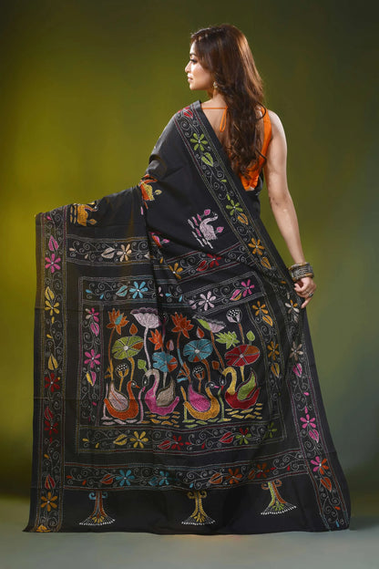 Multi-thread swan motif ebony black silk kantha work saree 5