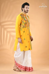 Multi-thread work golden yellow kantha cotton punjabi for men men’s embroidered kurta white 5