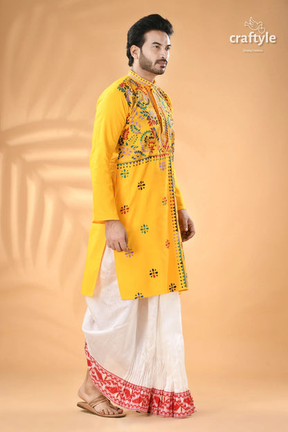 Multi-thread work golden yellow kantha cotton punjabi for men men’s embroidered kurta white 5