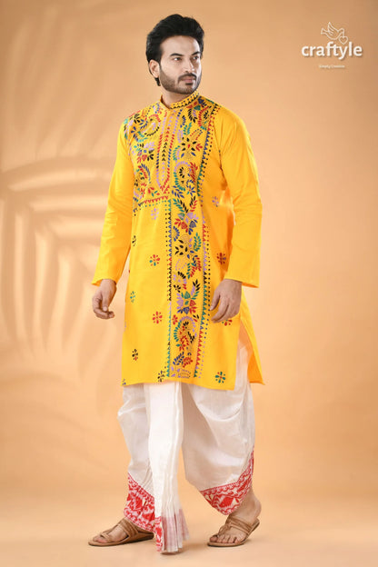 Multi-thread work golden yellow kantha cotton punjabi for men traditional men’s kurta colorful 1