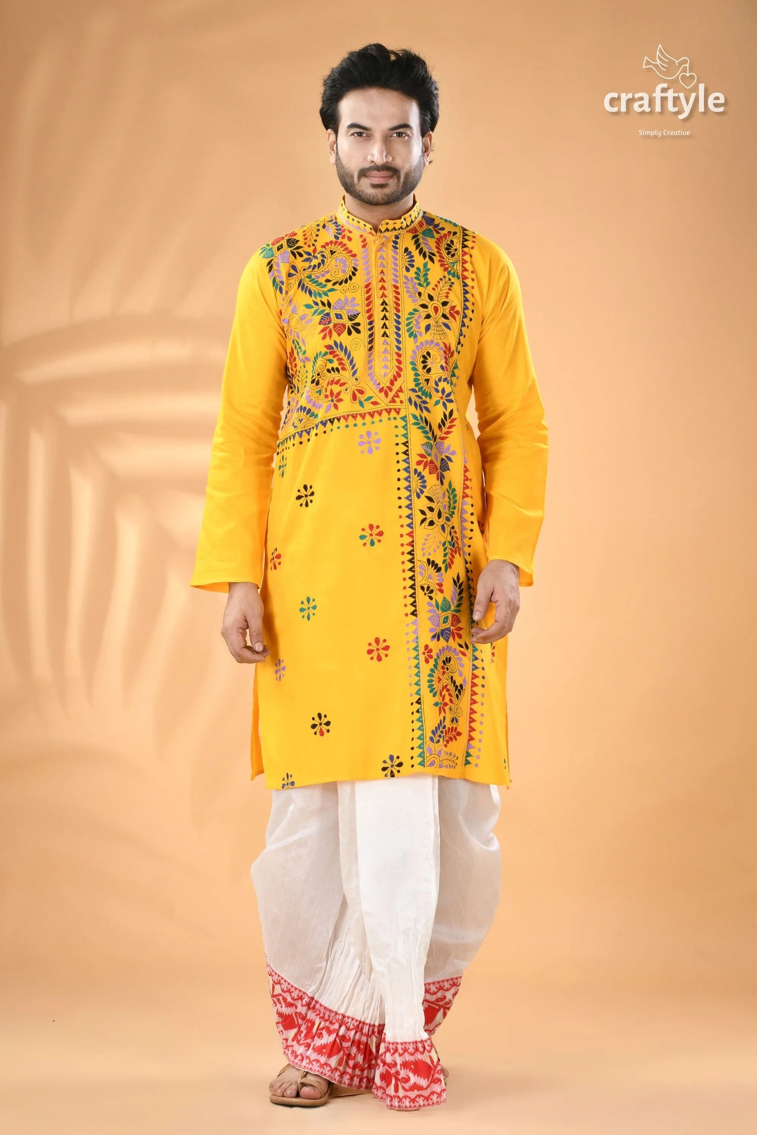 Multi-thread work golden yellow kantha cotton punjabi for men men’s embroidered kurta white 3