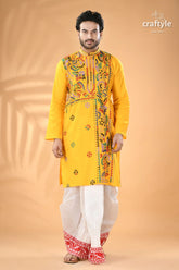 Multi-thread work golden yellow kantha cotton punjabi for men men’s embroidered kurta white 3