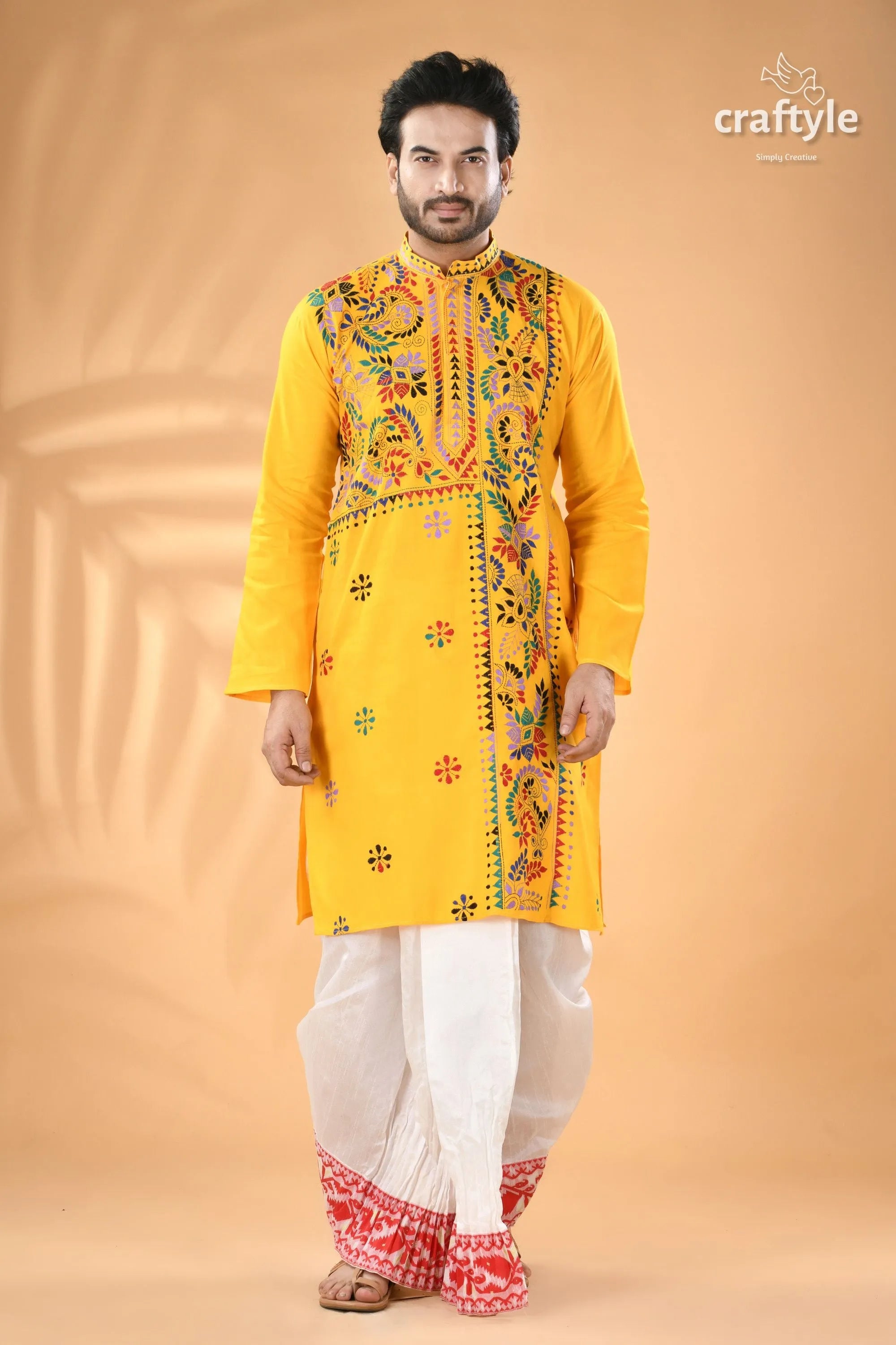 Multi-thread work golden yellow kantha cotton punjabi for men men’s embroidered kurta white 3