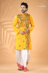 Multi-thread work golden yellow kantha cotton punjabi for men men’s embroidered long-sleeved kurta 4