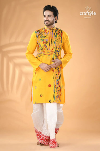 Multi-thread work golden yellow kantha cotton punjabi for men men’s embroidered long-sleeved kurta 4