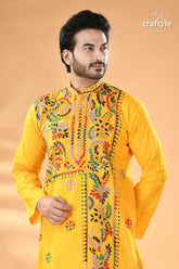 Multi-thread work golden yellow kantha cotton punjabi for men men’s embroidered kurta mandarin 2