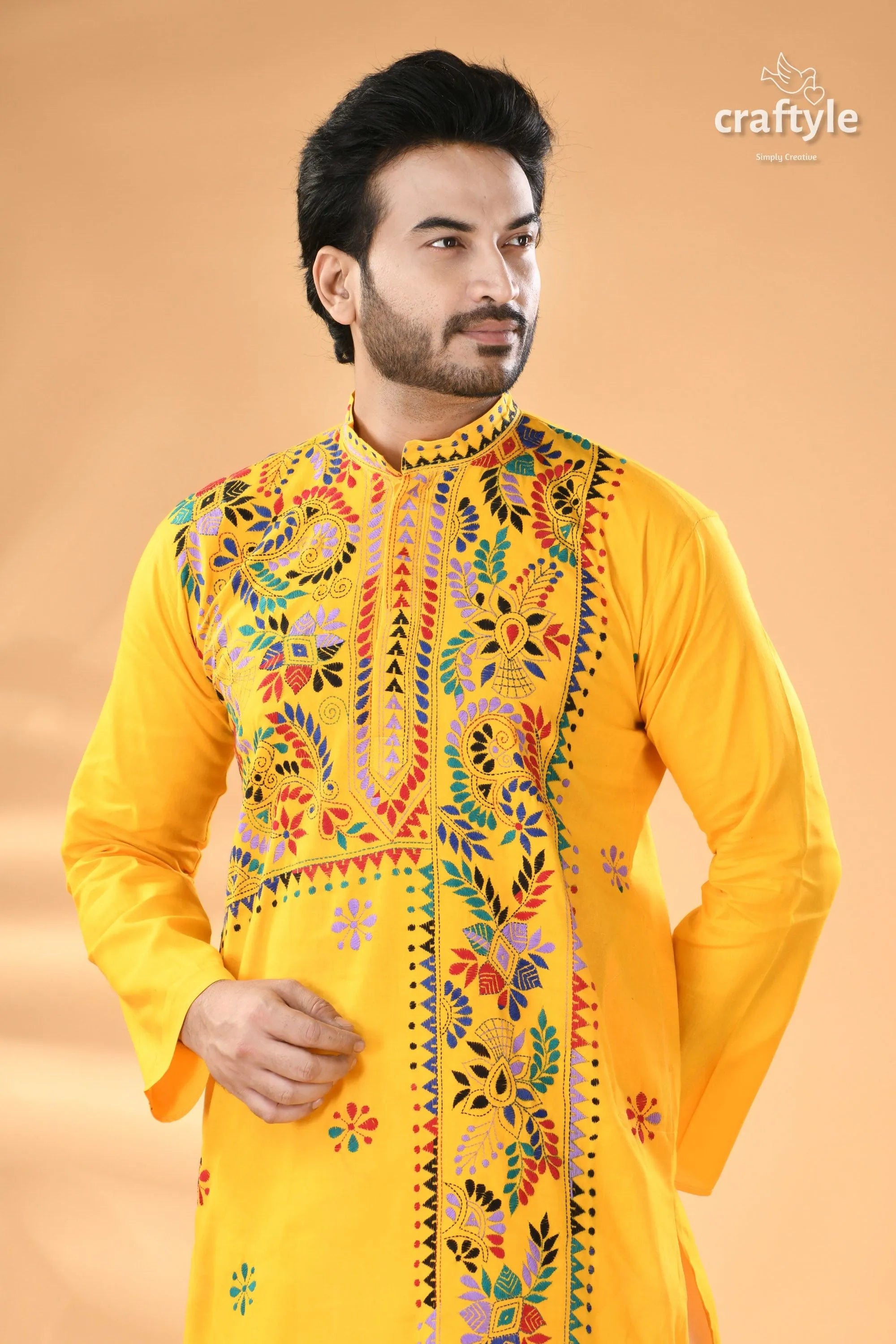 Multi-thread work golden yellow kantha cotton punjabi for men men’s embroidered kurta mandarin 2