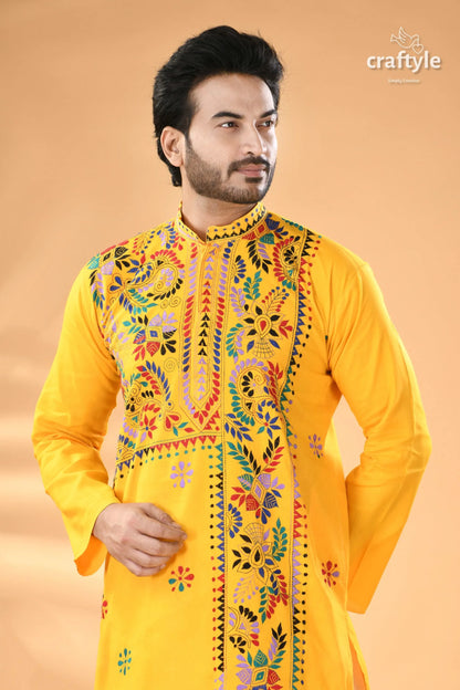 Multi-thread work golden yellow kantha cotton punjabi for men men’s embroidered kurta mandarin 2