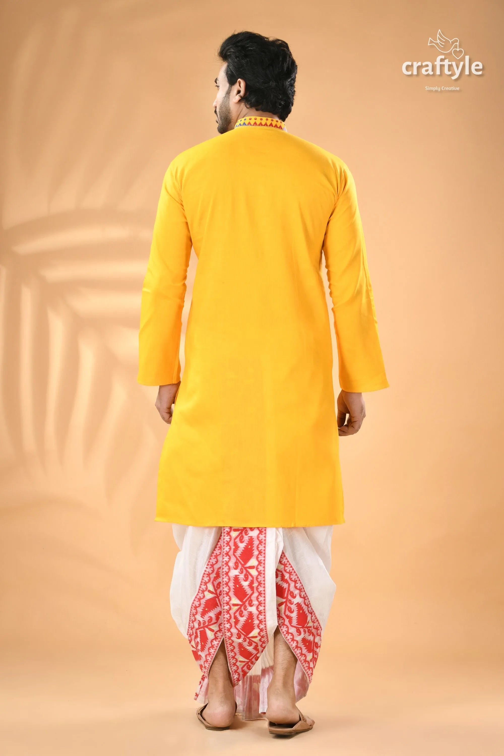 Multi-thread work golden yellow kantha cotton punjabi for men men’s kurta white dhoti 7