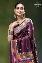 Multi-thread work handcrafted kantha silk saree in mulberry wood rich maroon silk saree adorned 2