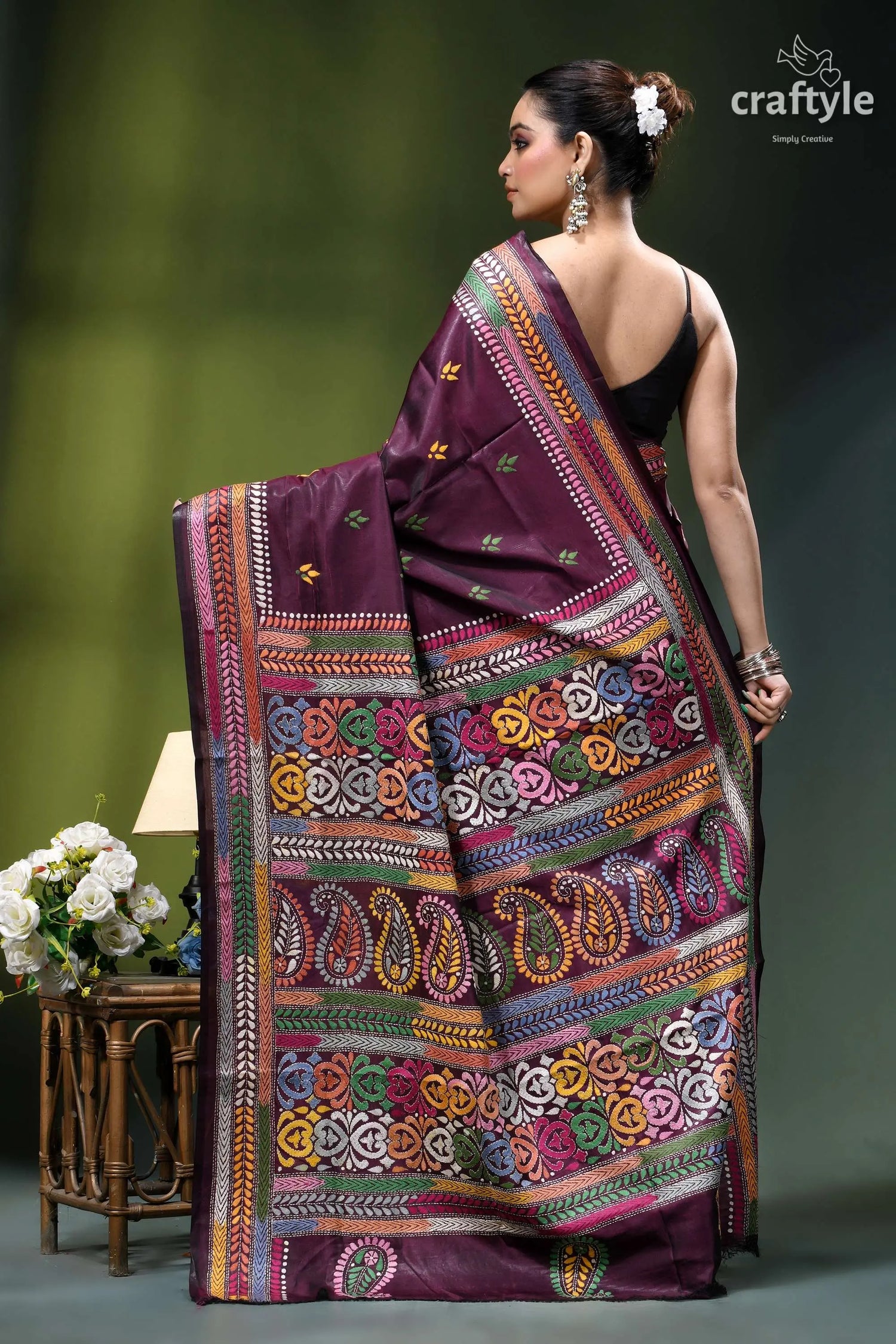 Multi-thread work handcrafted kantha silk saree in mulberry wood rich maroon silk saree adorned 5