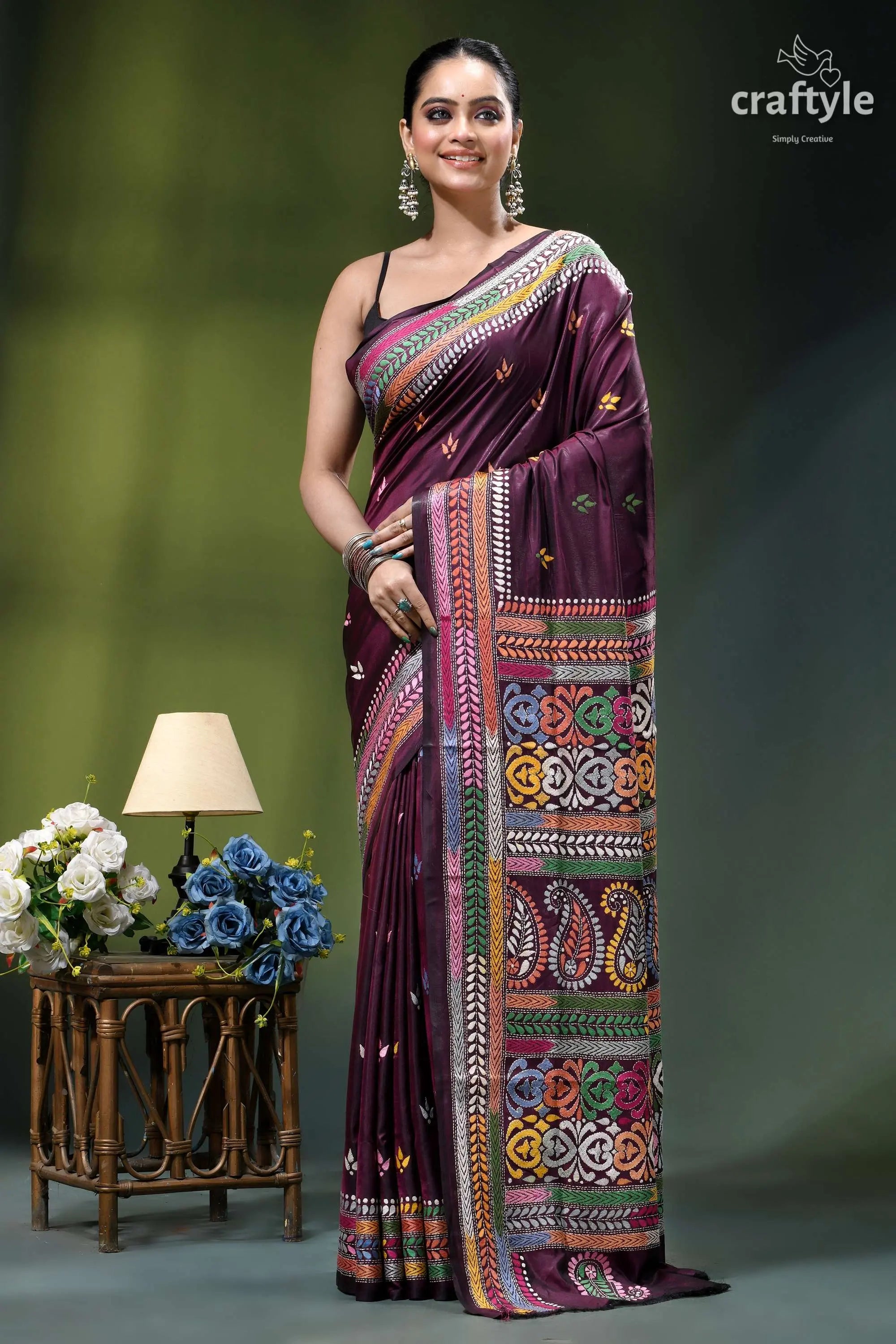 Multi-thread work handcrafted kantha silk saree in mulberry wood rich maroon silk saree adorned 6