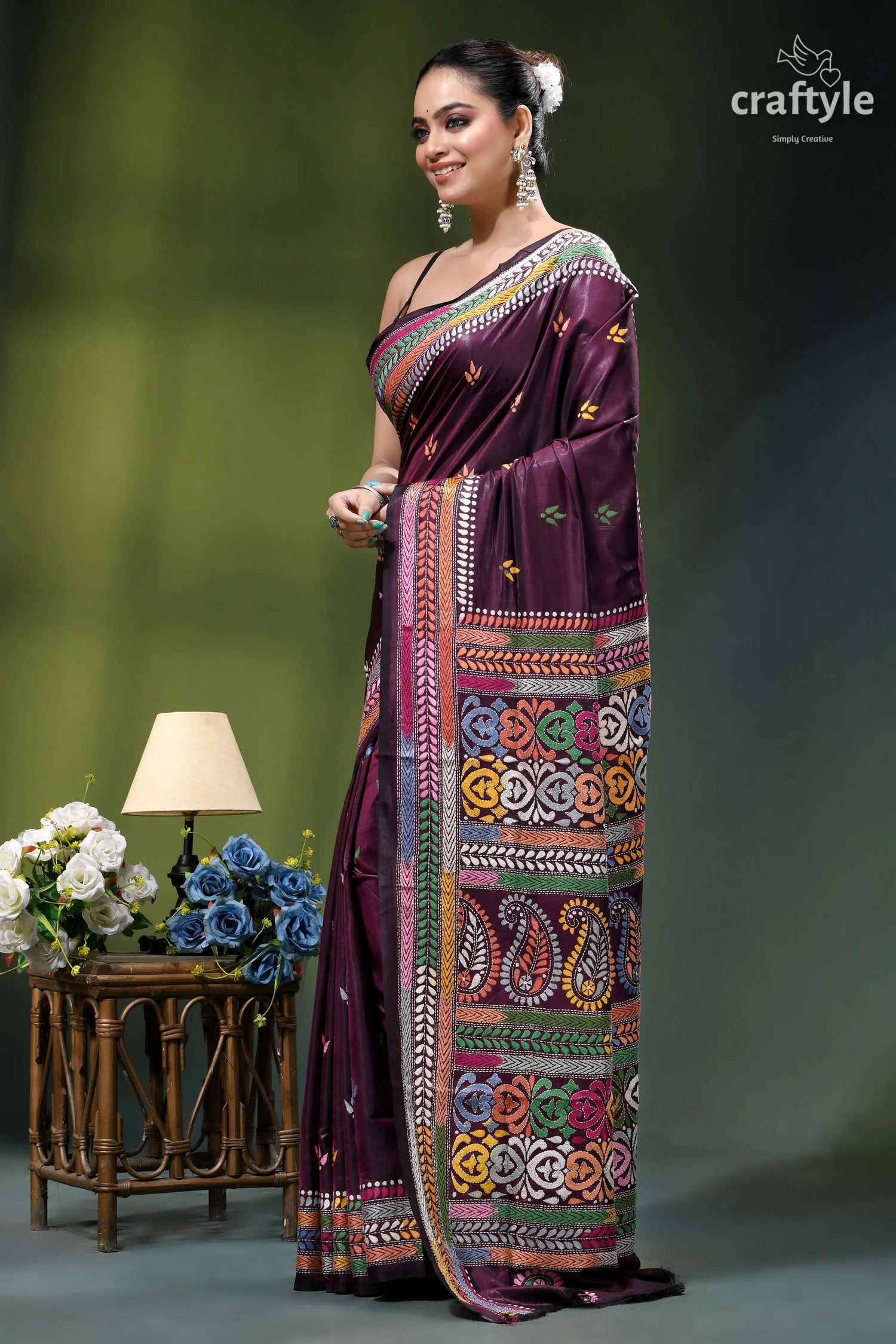 Multi-thread work handcrafted kantha silk saree in mulberry wood rich maroon silk saree adorned 3